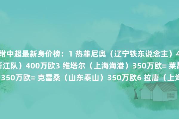 附中超最新身价榜：1 热菲尼奥（辽宁铁东说念主）450万欧2 米特里策（浙江队）400万欧3 维塔尔（上海海港）350万欧= 莱昂纳多（上海海港）350万欧= 克雷桑（山东泰山）350万欧6 拉唐（上海申花）300万欧7 古加（北京国安）280万欧8 瓦吉奇（辽宁铁东说念主）250万欧= 盖伊（上海申花）250万欧（加粗为冬窗新援）    体育录像/图片